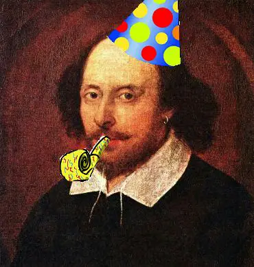 Shakespeare wearing a birthday party hat and blowing a toy horn