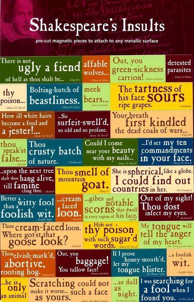 a graffiti of fridge magnets containing favorite Shakespeare quotes, his insults